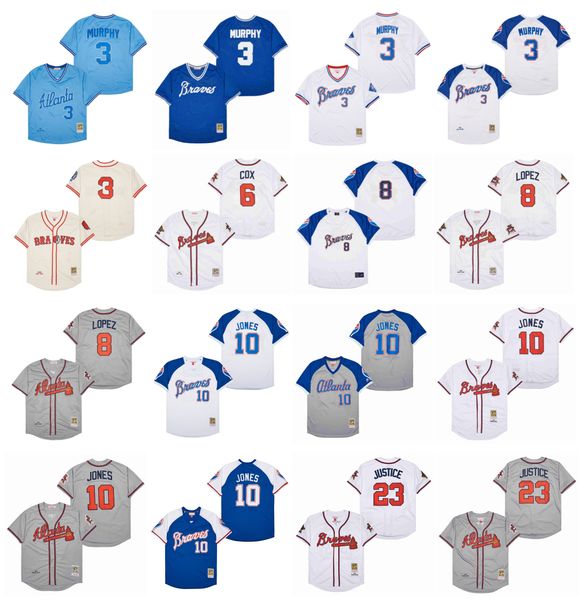 mitchell and ness throwback braves baseball jersey atlanta dale murphy bobby cox javy lopez chipper jones david justice white grey size s-4x, Blue;black